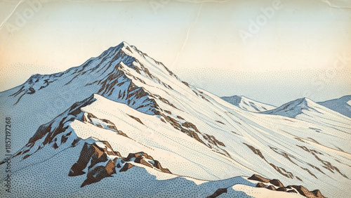 Snowy mountain peak landscape with rugged terrain and serene sky