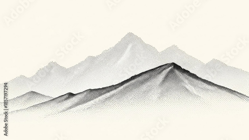 A serene mountain range landscape with rugged peaks and gentle slopes in a stippled illustration style on a pale background