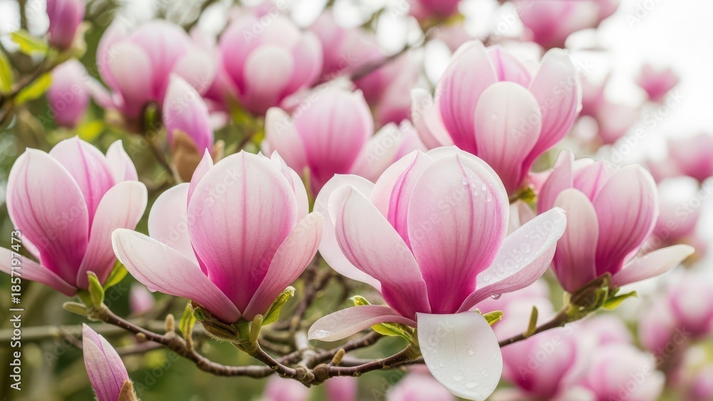 Obraz premium wallpaper of blooming pink magnolia tree in garden during springtime