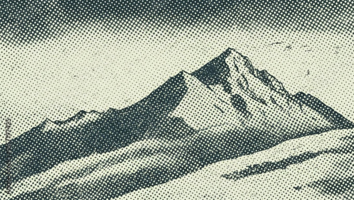 Snowy mountain landscape with rugged peaks and serene atmosphere in a vintage halftone style