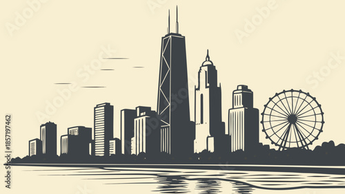Chicago skyline with skyscrapers and ferris wheel, perfect for travel blogs, city guides, and tourism brochures. Ideal for urbanthemed designs.