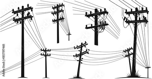 Silhouette wooden utility poles with sagging electrical wires, rural power line network illustration, detailed overhead cable structures, vintage electricity distribution artwork