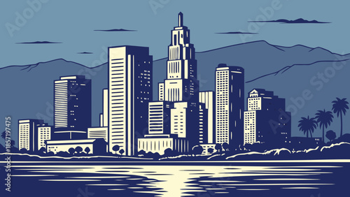 Chicago skyline complements los angeles cityscape drawn in white with blue accents. Suitable for urban designs, city comparisons, and travelrelated projects.