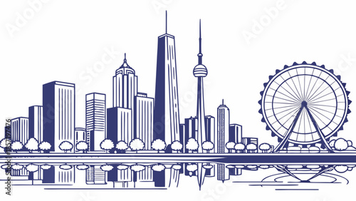 Urban cityscape of chicago skyline with cn tower and distant ferris wheel, suitable for city tourism brochures and travel websites.