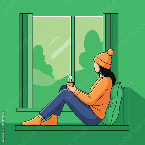 Woman Relaxing by the Window with a Coffee