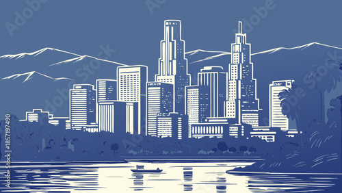 Chicago skyline mountainframed panorama with water, a boat, and iconic city view. Suitable for travel brochures, websites, and marketing materials.