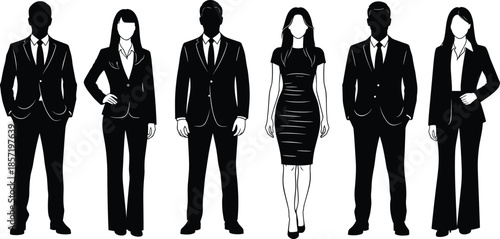 Silhouette, business team, male and female, formal attire, corporate professionals, standing pose, diversity, leadership, office style, black background