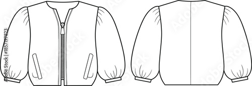 Women Zip Up Puff Sleeve Bomber Jacket Fashion Technical Sketch, Long Sleeve Cropped Jacket Flat Drawing Template Front and Back View,