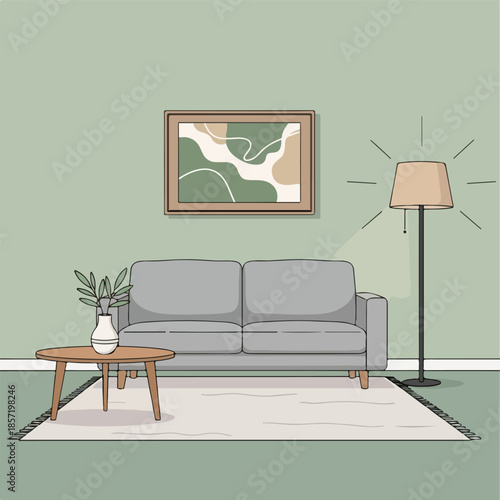 Modern Living Room with Grey Sofa and Floor Lamp