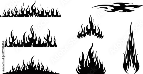 Set of black fire flame vector icons. Simple flat burning fire silhouette collection. Hot energy symbol for graphic design. Blaze pictogram illustration isolated. Transparent background EPS version.