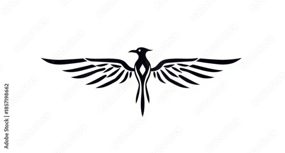 Fototapeta premium A black silhouette vector illustration of a flying stork carrying a baby, featuring elegant wings and a nature-inspired feather design perfect for a wildlife tattoo or peace symbol icon