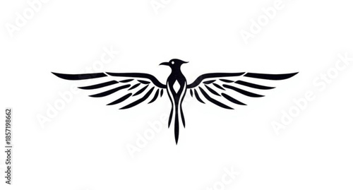 A black silhouette vector illustration of a flying stork carrying a baby, featuring elegant wings and a nature-inspired feather design perfect for a wildlife tattoo or peace symbol icon