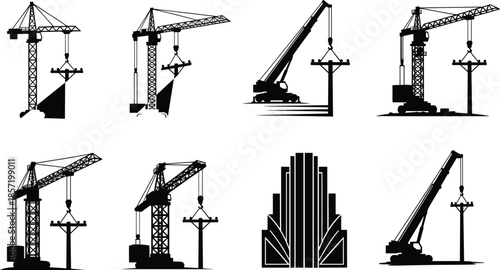 Industrial construction crane lifting utility pole illustration, heavy machinery silhouette artwork, engineering equipment concept, power line installation scene, vector graphic design