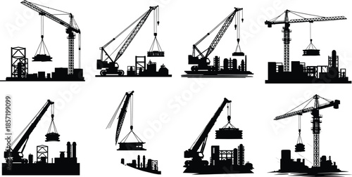 Industrial construction cranes silhouette set, heavy machinery lifting equipment, urban building development tools, engineering worksite illustration for infrastructure projects