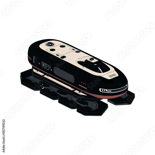 Futuristic black and white hovercraft or personal transport pod