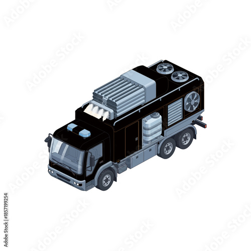 Isometric pixel art mobile command center truck
