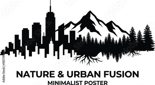 Nature and urban fusion silhouette, city skyline with mountains and forest, minimalist poster design, black white vector illustration