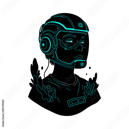 Futuristic portrait of a person wearing a hightech helmet and goggles