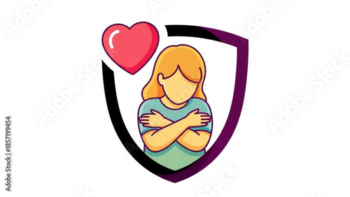 Self love and protection concept with a woman hugging herself in a shield with a heart symbol