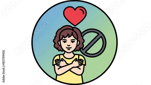 Cartoon woman with arms crossed and heart above her head, surrounded by a circle with a prohibition sign, symbolizing love rejection