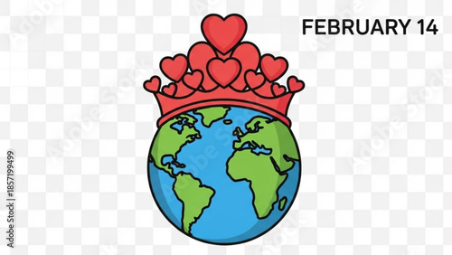 Valentine's day celebration around the world with crown of hearts on globe february 14