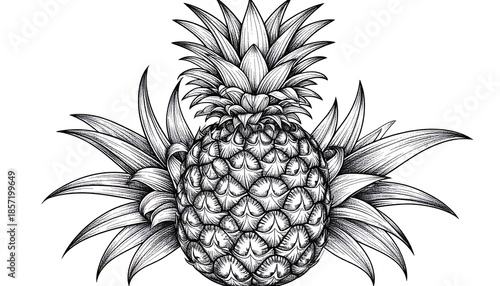 Intricate black and white drawing of a tropical pineapple