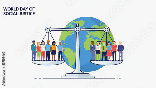 World day of social justice illustration with people on scales in front of globe