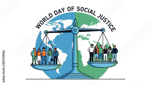 World day of social justice illustration with scale balancing diverse people on globe background