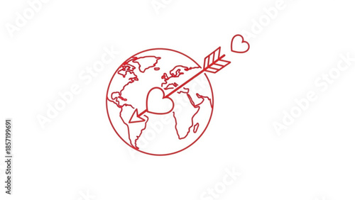 Red line drawing of earth with heart pierced by arrow and small heart in air