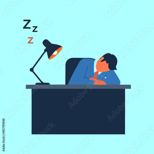 Man Sleeping at Desk with Lamp.