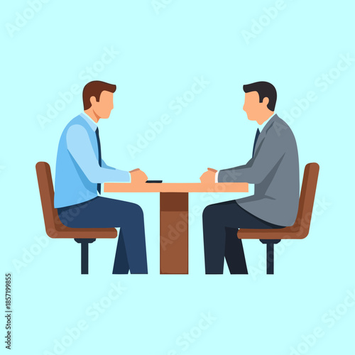 Two Men Sitting at Table Discussing.