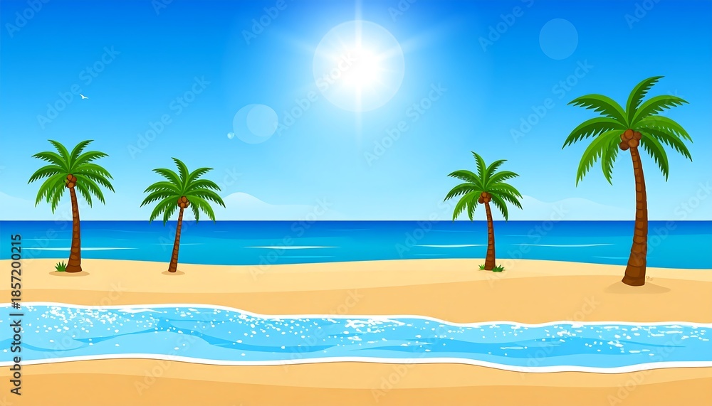 Fototapeta premium Tropical beach paradise with palm trees and clear blue sky.