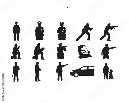 Collection of police officer silhouettes in various poses and actions