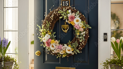 Beautiful floral wreath on a blue front door with house number 15