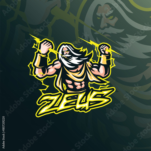 Zeus mascot logo design vector. Zeus illustration with lightning in hand.