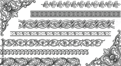 Vintage ornamental borders and decorative flourishes, classic Victorian engraving elements, elegant floral dividers, scrollwork patterns, cad drawing flat vector illustration