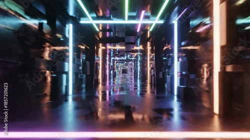 Wallpaper Mural An endless corridor of vivid neon lights reflects on a slick, dark floor into the distant vanishing point Torontodigital.ca