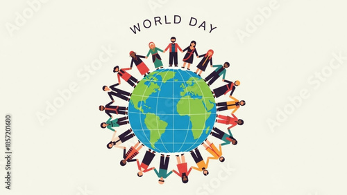 Diverse people around the globe on world day, unity and togetherness concept, illustration of multicultural individuals holding hands
