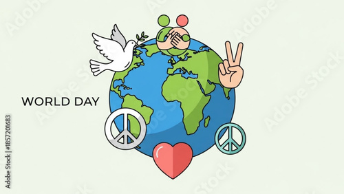 World day peaceful globe with dove, peace signs, and heart symbolizing harmony and unity