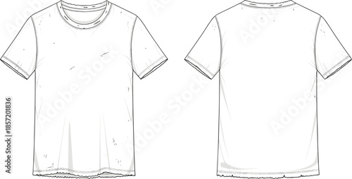 Basic t shirt front back view cad drawing flat vector illustration fashion technical apparel design template casual clothing