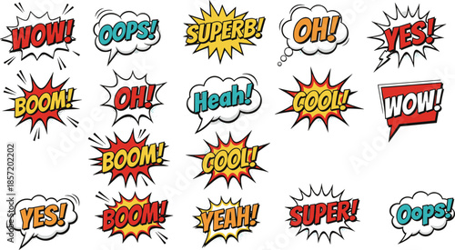 Colorful comic speech bubbles with wow boom yes cool expressions, pop art stickers set for comics, advertising, social media design
