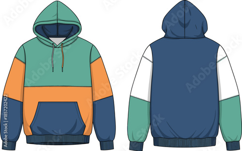 Color block hoodie front back view cad drawing flat vector illustration fashion technical streetwear apparel design
