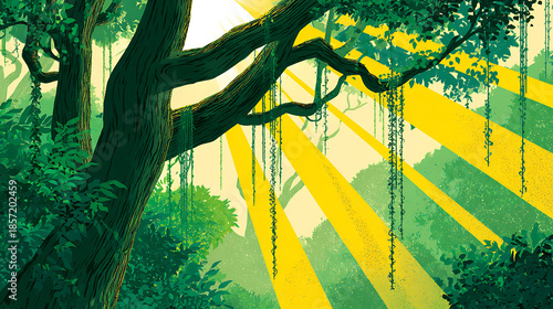 Close-up of a large tree trunk with hanging vines and sun rays