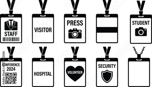 ID card badge collection for staff and events, visitor press student security labels, conference hospital volunteer access tags, black icon set, cad drawing flat vector illustration