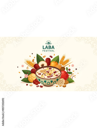 Laba festival illustration of traditional bowl of porridge with grains nuts beans peanuts dates and seasonal harvest food elements for cultural celebration artwork background