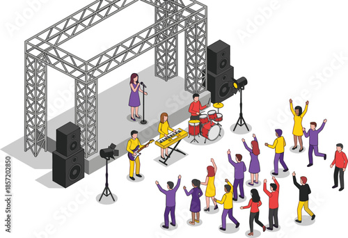 Isometric live music concert illustration with band performance on stage, dancing crowd audience, festival event scene, sound equipment setup, modern entertainment 