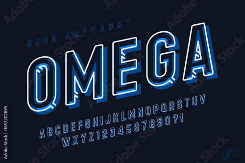 Retro bright light alphabet design, cabaret, neon Broadway lamps letters and numbers.