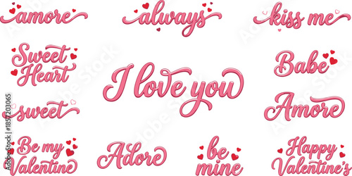 Romantic Valentine lettering collection with love phrases and heart accents, pink calligraphy text set for cards, gifts, invitations, and wedding designs