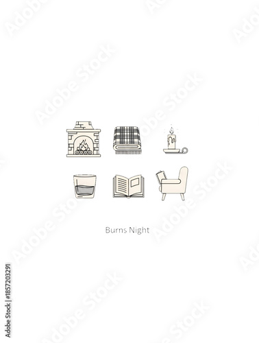 Burns night celebration illustration of cozy home scene with fireplace blanket candle chair book and drink showing warm cultural tradition interior concept