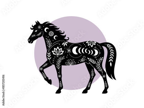 Mystical Black Horse Silhouette with Boho Ornamental Patterns